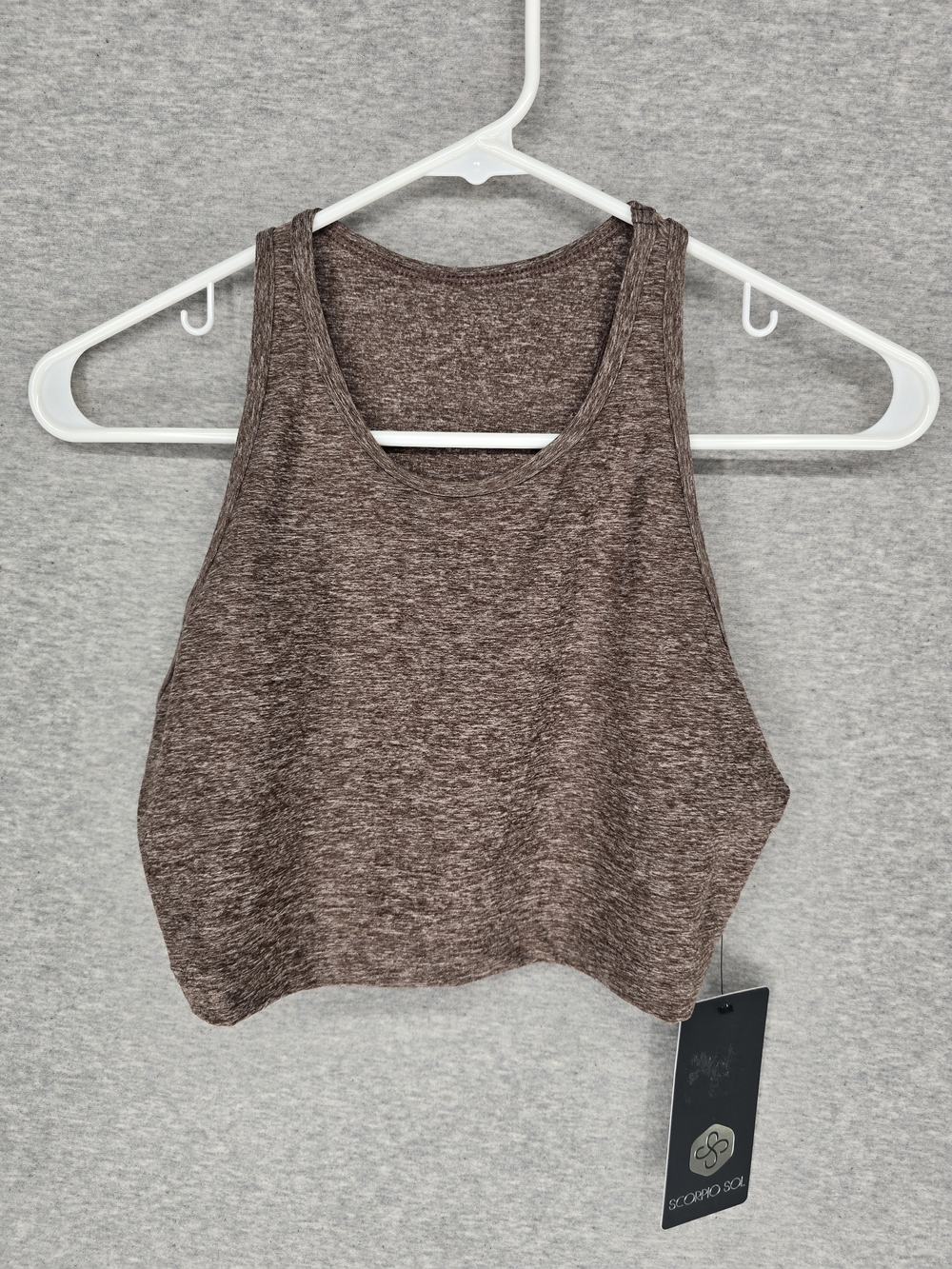 Soprano Heathered Brown Cropped Racerback Tank Top Scoop Neck Athletic Layer